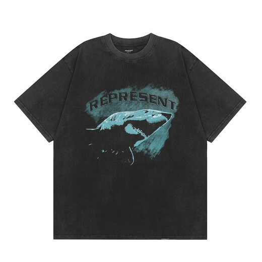 Lee Kids Real Shot Reprection Collection Eagle Shark motif de requin imprimé Round Cou Short Sleeve Beautiful Hip-Hop Men and Women 1048 Black S
