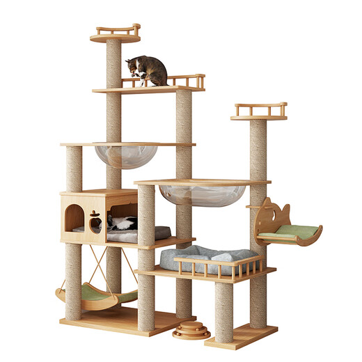 Solid wood cat climbing frame, luxury household cat nest, integrated four-season cat shelf, small apartment cat scratching post for big cats, cat tree (upgraded rubber wood) DK02s solid wood board + solid wood column