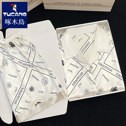 啄木鸟冰丝绸睡衣女夏天薄款短袖感郁金香夏季2025新款家居服套装 #YX-9226小黑喵 M 【75-95斤】
