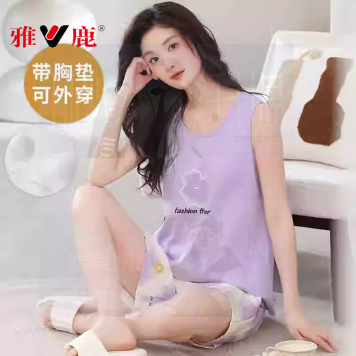 Yalu full-length pajamas with chest pad for women 2025 summer cotton vest shorts for women young striped large size home clothing suit chest pad for women - F9855 M women--