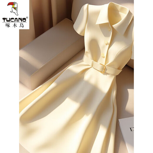 啄木鸟正式场合A字裙夏高端精致小个子端庄大气黄色衬衫连衣裙梨形身材 黄色(送腰带) XL 【建议115-125斤】