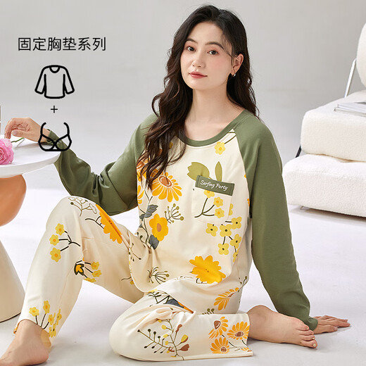 Yalu Breast Pad Pyjamas für Frauen im Frühjahr und Herbst Pure Cotton Long Sleeves Neue modische koreanische Version mit hohem Erscheinungsbild und können außerhalb des Heimbekleidungsanzugs mit Brustpolster YP1048 M empfohlen 75-95jin [Jin gleich 0,5 kg]