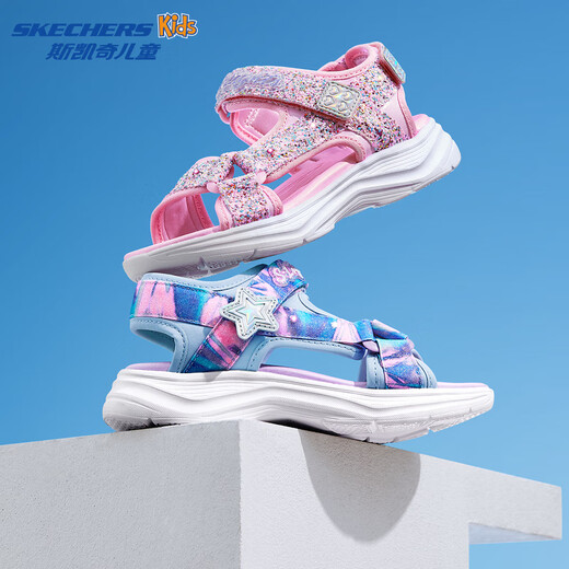 Skechers new summer girls' Velcro sandals, fashionable flashing light, casual, lightweight, versatile and comfortable shoes, beach shoes, light blue/multi-color/LBMT 33.5