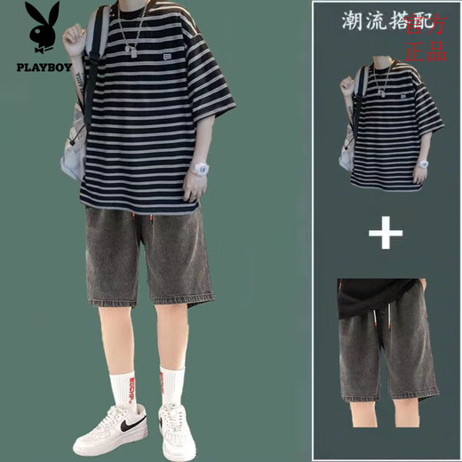 花花公子条纹短袖套装男夏季休闲帅气一套衣服搭配潮流T恤牛仔短裤两件套 9226白+147牛仔短裤浅蓝 3XL