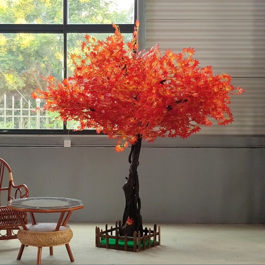 Simulated red maple tree, fake tree, maple leaf ceiling shape tree, customized hotel shopping mall landscape tree decoration, large red maple tree (round) 2 meters high and 1.5 meters wide