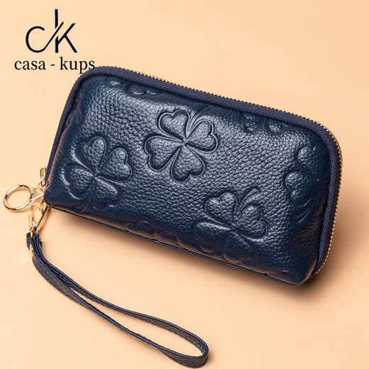 casa-kups钱包女长款2024新款时尚手拿包头层牛皮手机拉链包四叶草手包 黑色