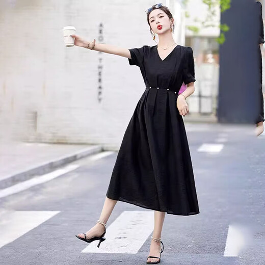 Ehangy International Light Luxury Women's Summer Vestido 2025 NUEVO TEMATAMENTO DE COLOR SIDA CULTA DE CULTIVO dulce y de moda Black [Caja de regalo de alta gama] XL