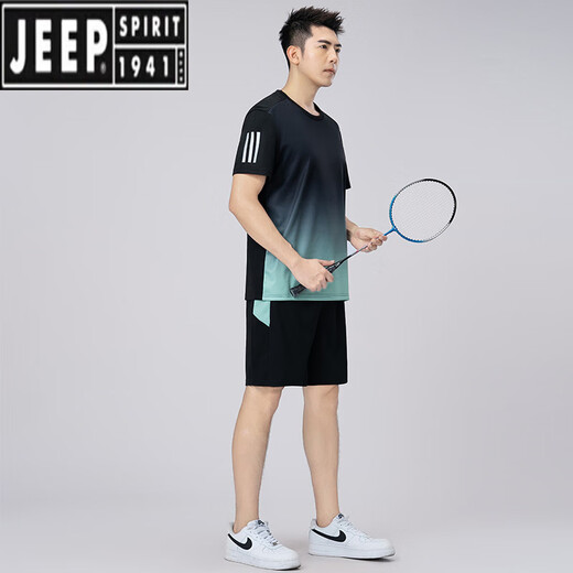 Jeep Spirit Quick Dry Sports Set Herren Badminton Kleidung plus Fett plus großer Sommer Casual Lose Laufen Kurzarm zwei Keule-Blau 9902 L 90-110jin [Jin gleich 0,5 kg]