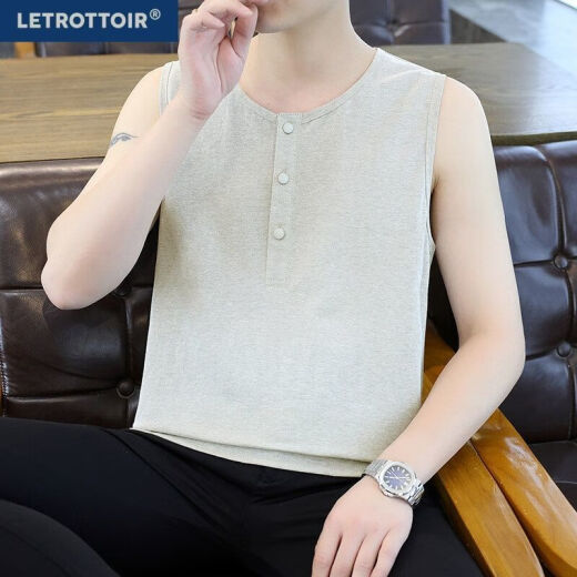 LE TROTTOIRLETROTTOIR无袖亚麻背心男士夏季潮牌运动健身坎肩衣服纯色打底T 军绿色【9896款亚麻背心】 M 【90-115】斤