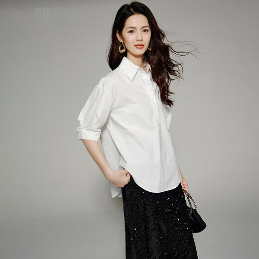 Spätes weißes neues Produkt, 100 % Baumwolle, Damen-Shirt, locker, groß, künstlerischer Stil, High-End-Temperament-Top, weiß, M