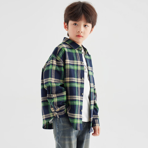 Duojia boys' shirts in spring and autumn children's casual retro lapel tops for older children handsome long-sleeved plaid shirts