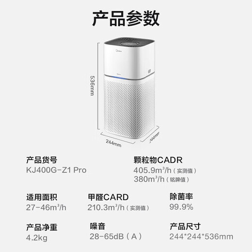Midea air purifier household formaldehyde removal, dust removal, odor removal, pollen removal, smog removal, 99.9% sterilization rate, intelligent wifi control, light sound air companion, purification and removal of formaldehyde KJ400G-Z1 Pro