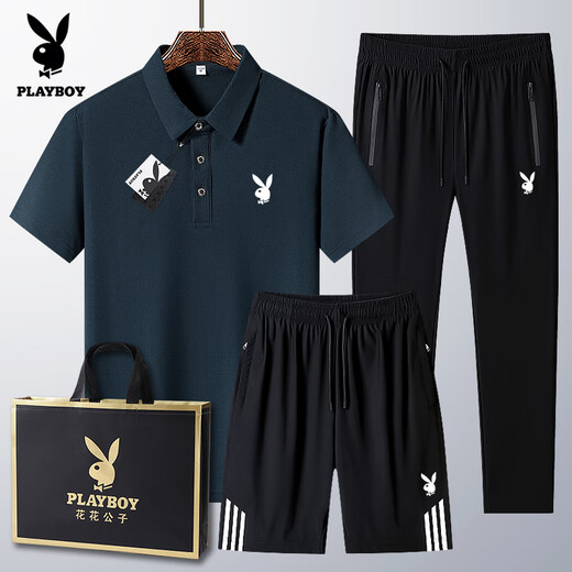 Playboy (Playboy) Daddy Ice Silk Manga Shorty Polo. Camisa Summer Sports informales para hombres de mediana edad Ropa del día del padre 6629 Estilos-Gris oscuro [Top + pantalones] M Wear 95-110Jin [Jin equivale a 0.5 kg]