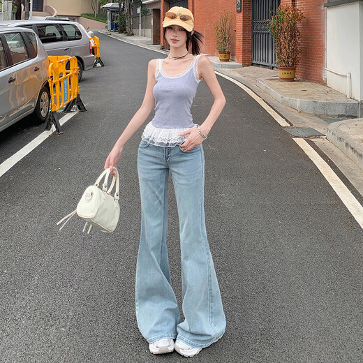 Light Color American Low Wisting Micro-Flare Jeans para mujeres en primavera y verano 2025 Nuevos pantalones de herradura sueltos y largos Pantalones azules Size S Tamaño de 89-98 Jin [Jin equivale a 0.5 kg]