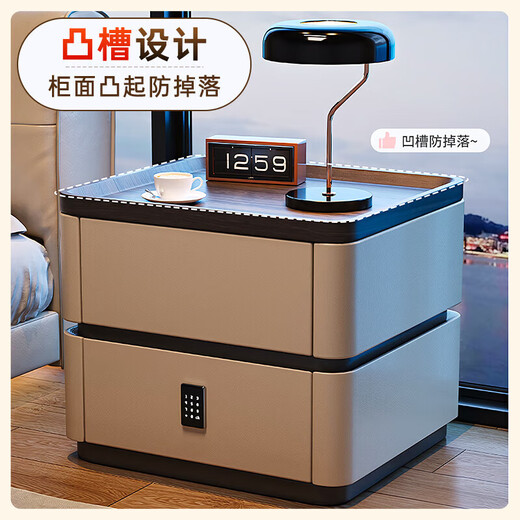Smart bedside table light luxury high-end solid wood password lock 2025 new simple modern bedroom bedside cabinet khaki solid wood drawer + nappa leather 50 length * 40 width * 50 height cm no installation required