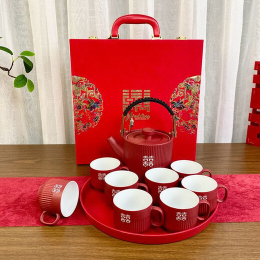 Fantasy wedding tea set set red large teapot wedding cup newlywed tea cup engagement gift dowry gift frosted Pisces 1 pot 8 cups amine disc + suitcase