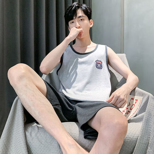 雅鹿中年男士无袖背心睡衣男青年卡通短袖薄款宽松大码家居服套装 H9928(短袖短裤) L(建议100120斤) 均码