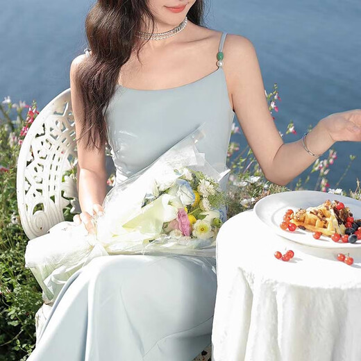 Muni blue suspender dress for women in summer with cardigan, French retro chic, beautiful, slim, pure lust, high-end two-piece set M