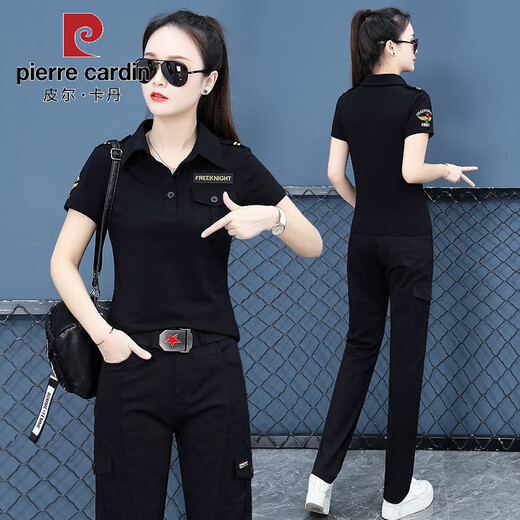 皮尔卡丹夏季迷彩服韩版休闲套装女短袖时尚大码显瘦薄款宽松运动广场舞服 条纹套装6601短袖+9230直筒裤 S 建议80-90斤