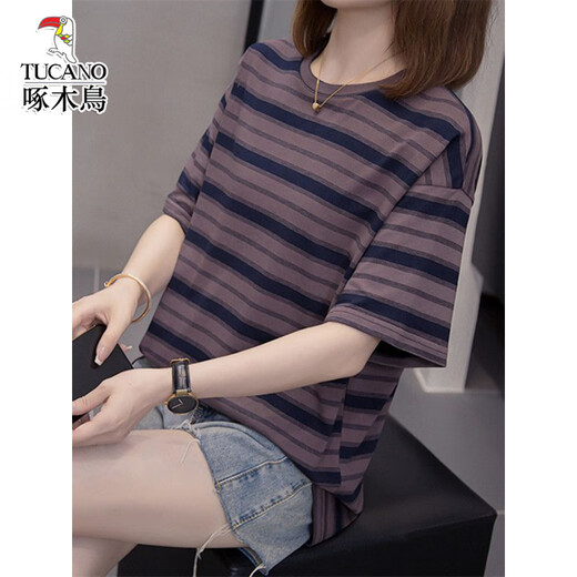 Woodpecker fat mm belly-covering versatile pure cotton short-sleeved T-shirt for women 2025 summer new style 200Jin [Jin equals 0.5 kg] loose slim casual top 6626 green M 80-95Jin [Jin equals 0.5 kg]