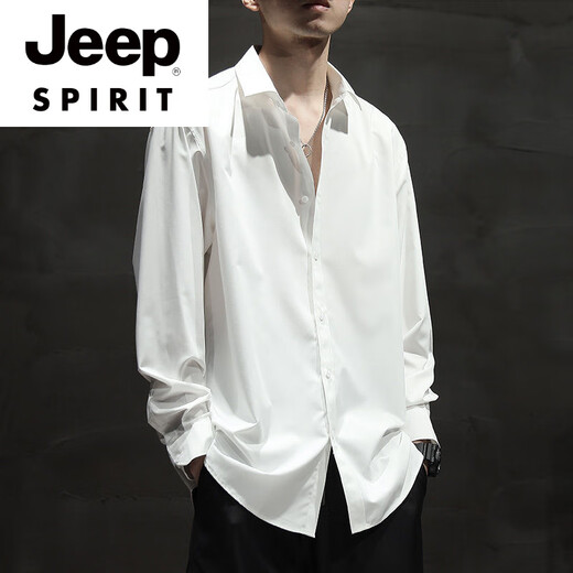 JEEP SPIRIT夏季冰丝薄款白色长袖衬衫外套男大码宽松高级莫代尔免烫垂感衬衣 黑色【冰丝莫代尔短袖】844 S 适合70-100斤
