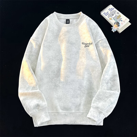VUUG Tie Dye Dirty Round Neck Sweatshirt Men's Spring and Autumn American Fashion High Street Casual Bottoming Shirt White XL