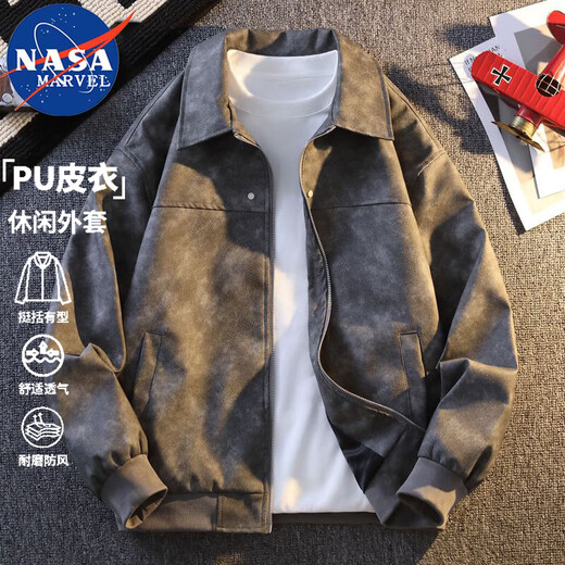 NASA MARVEL夹克春秋季男士新款皮衣外套宽松休闲百搭上衣 黑灰色 L 