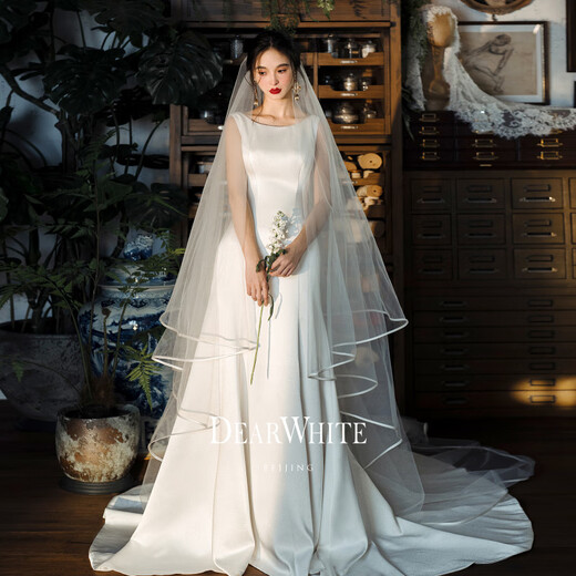 Dearwhite's Love White Velo <Yunling> Long Veil Mopping Floor Bride Satin Basting Vestido de novia principal Titela grande para mujeres 380x300cm 丨 M 175c o superior