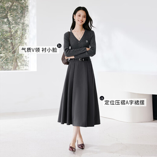 香影深灰色针织拼接连衣裙女2025秋季新款气质v领假两件收腰裙子 深灰 L
