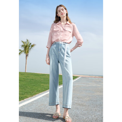 百图betu女装2025夏季新款牛仔阔腿裤棉感天丝九分裤裤子女2505X15 浅牛仔蓝 L