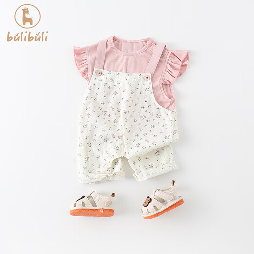 G.duck Girls Suit Summer Clothes 2025 New Baby Girl Western Style T-shirt Bib Shorts Summer Baby Clothes Two-piece Set Pink 73cm