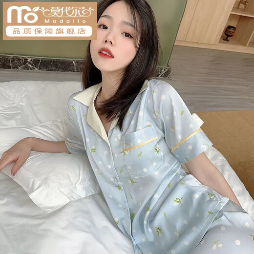 Modal summer new ice silk cool pajamas for women thin short-sleeved trousers ins Korean version of Bluebell Flower Sweet Home Clothing High Quality-YFY9905 [Short-sleeved trousers] M [Suggested 80-100Jin [Jin equals 0.5 kg]]