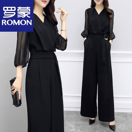 Romon Frühlings- und Sommer-neuer High-T-Teme-Chiffon-Jumpsuit Black Quarter-Areved Slim Temperament Wide-Big Jumpsuit Set für Frauen schwarz [85-95jin [Jin entspricht 0,5 kg]]