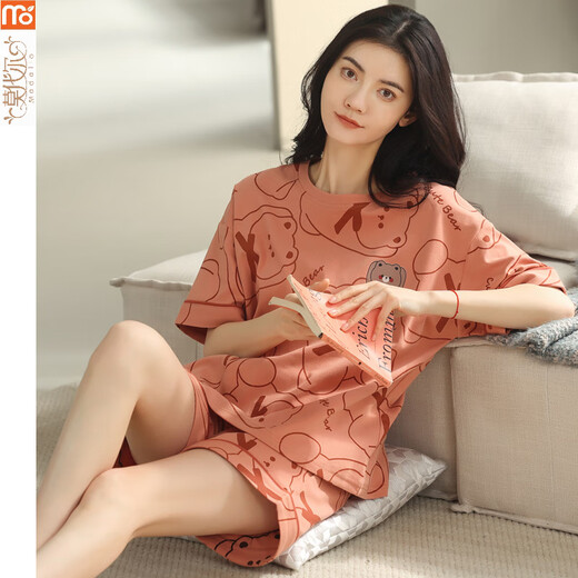 莫代尔睡衣女夏季2025年新款格子套装全棉短袖薄款可外穿卡通家居服 Y9856 M 75-95斤