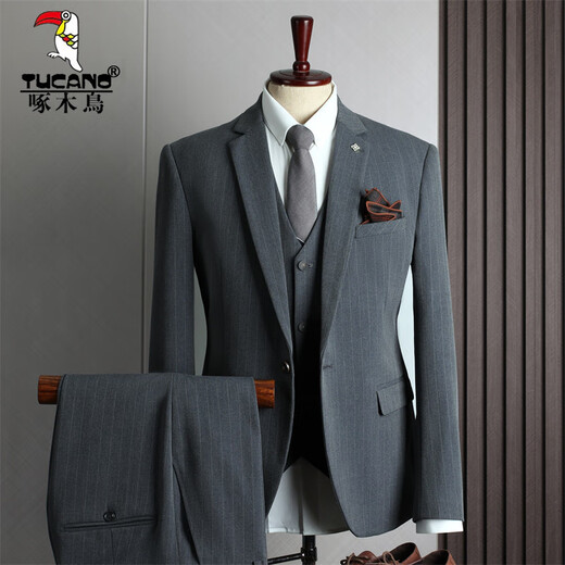 Woodpecker (TUCANO) gray striped suit suit men's business formal casual Korean version slim fit wedding banquet dress men's small suit 9961 fog gray (suit + trousers) XL 52 (125-135Jin Jin equals 0.5 kg)