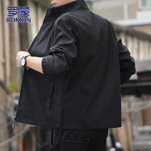 ROMON jacket men's spring and autumn solid color business jacket for young and middle-aged men commuting casual stand-up collar top clothing black XL