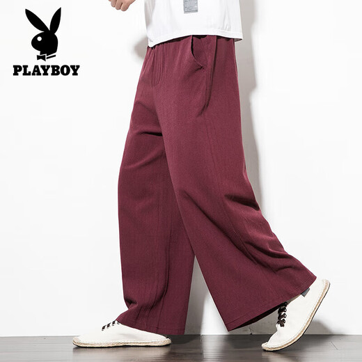 Playboy (PLAYBOY) Chinese style men's linen pants loose cotton linen wide-leg pants skirt retro large size harem pants spring and summer straight men's pants black 5XL size