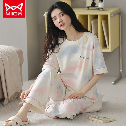 
Catman MIIOW pajamas for women in spring and summer short-sleeved trousers Korean style students can wear pure cotton home clothing suits outside in summer YZT9720 Short-length M (80-100Jin [Jin equals 0.5 kg])