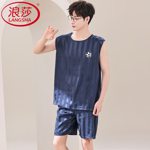 Langsha (Langsha) Leichter Luxus-Pyjama Herren Sommerweste Neue Jugendliche Jugendliche einfache Eissensen-Sommer-Dünnstil besuchen Seidenhauskleidungsset 9902 Ice Seide M (80-100 Jin [Jin gleich 0,5 kg])