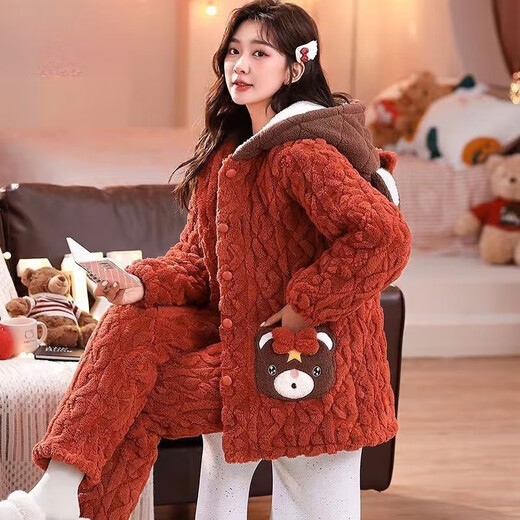 Comic Soul Hunan Provinz Winter Provinz tragen Hunan Provinz Trage Korallenletze Baumwollpyjamas für Frauen im Winter Dreischicht verdickte Lady LXJ17 6624 Aprikosenfarbe [Fleece eingedickt] L 100-120