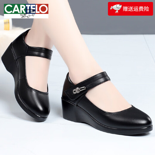 CARTELO crocodile (CARTELO) wedge heel women's shoes spring and autumn genuine leather single shoes medium heel thick sole mother's shoes round toe Velcro women's leather shoes 2026 new style 2979 black first layer cowhide 38