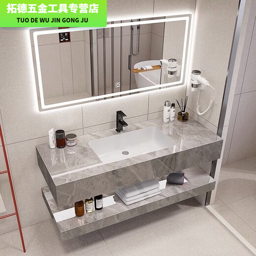 双层岩板无缝洗手台盆一体浴室洗漱洗脸盆酒店卫生间洗脸盆可定制 鱼肚白无缝盆【智能镜送五金全套 SQWY【1M2*50】已售3889件