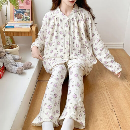 怀尔蔚纯棉月子服睡衣产前产后家居服两件套长袖哺乳春夏秋怀孕 A1105黑花套装侧开式 M 90-105斤