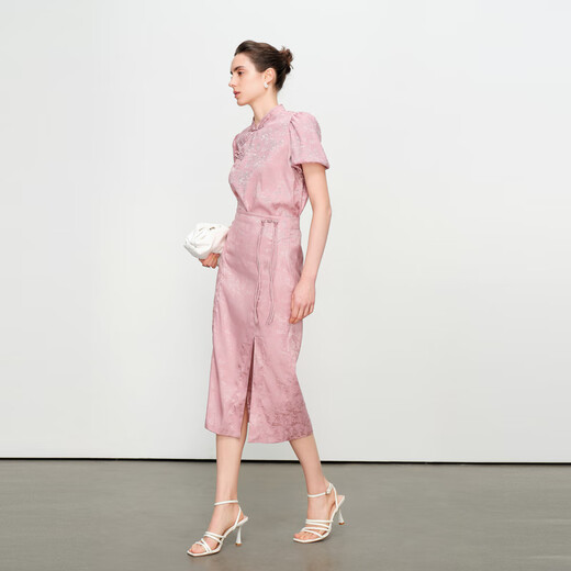 Wandian Wandian 2025 new summer product gray pink dark pattern jacquard Chinese suit two-piece set 1242L09RT4 gray pink M