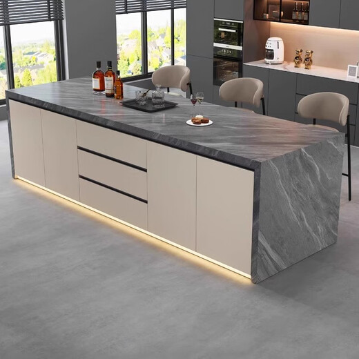 Feilunle light luxury slate central island dining table integrated with sink kitchen flush inverted table home high-end western kitchen central guide bar 1.6 meters + storage sink socket induction cooker light strip