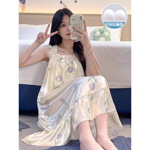 诸禄睡裙女夏季自带胸垫冰丝凉感吊带睡衣夏女士甜美可爱家居服 3887【不可拆胸垫】 M 【75-100斤】