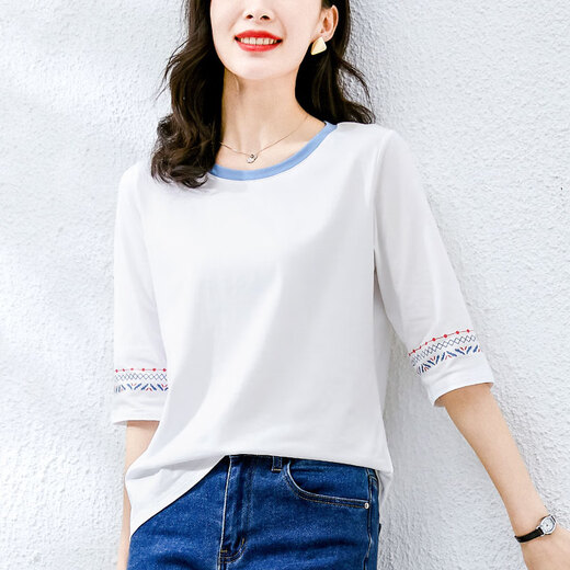 恩若凡七分袖t恤女时尚女装洋气显瘦遮肚夏季2025年棉中袖装宽松短上衣 1XS337白色+W6172冰蓝 M 均码