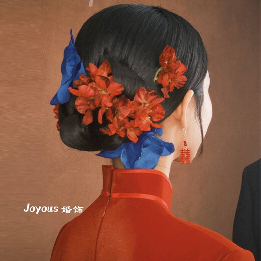 Bebeyou New Chinese Style Bridal Headwear Red Flower Wedding Hair Accessories Women's National Style Retro Simulation Flower Xiuhe Clothing Cheongsam Accessories Hair Accessories Set + Ear Clips