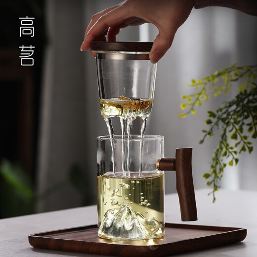 语森忆个人专用泡茶杯茶水分离男士带把喝茶水杯玻璃日式观山茶道杯子 9194鸿崖三件杯榉木450ML 200mL(含)-400mL(含)