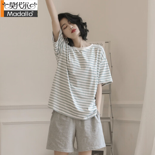 莫代尔2025新款纯棉短袖睡衣女夏季条纹两件套家居服 YZT9855 M 女款 建议80-100斤